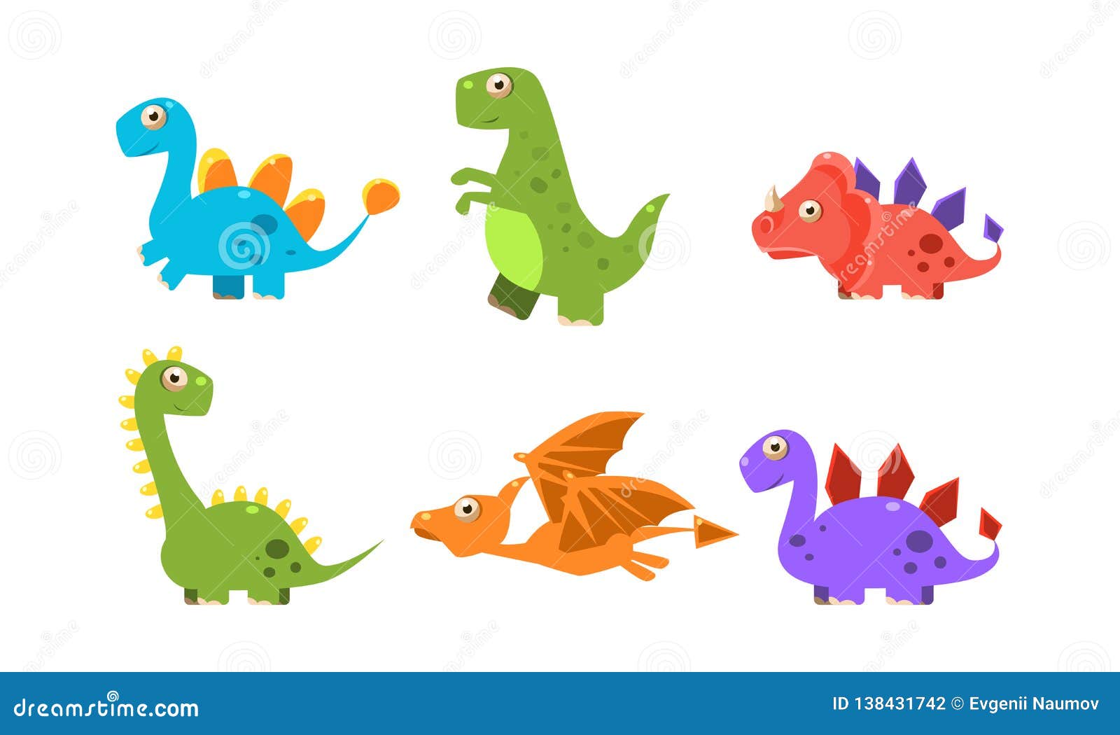 Coleção de dinossauros de desenhos animados de diferentes tipos.