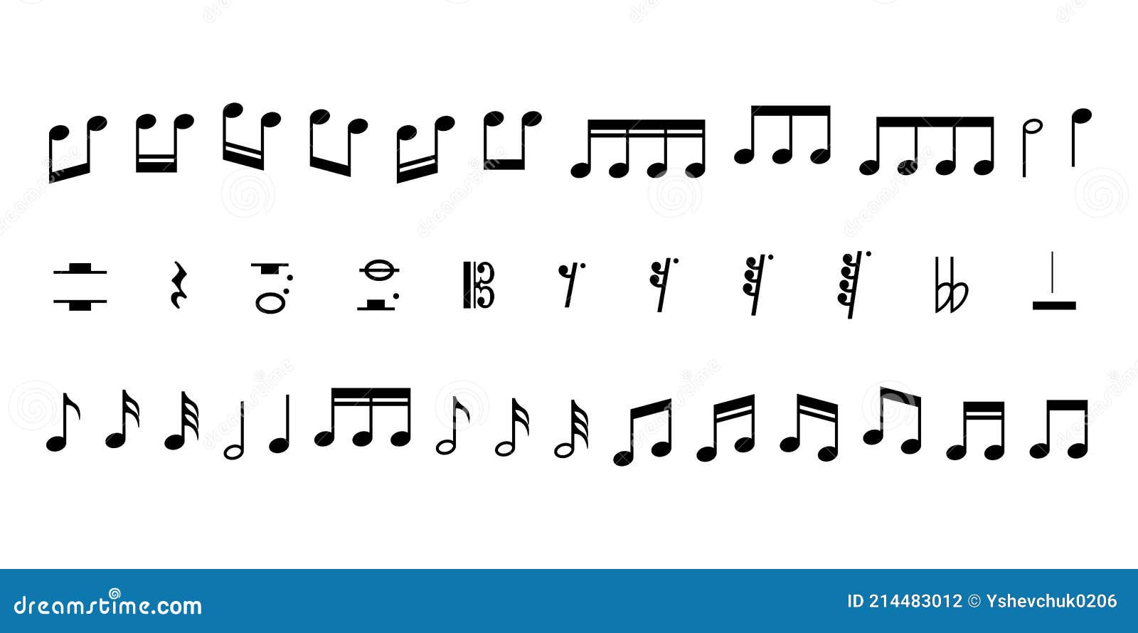 Ilustração Do Vetor Notas Musicais E Pausas. Símbolos De Música Preto  Isolado No Branco. Música Sinal De Notação Definida. A Entrega Das Chaves  Musical. Clef Notação Ilustraciones svg, vectoriales, clip art vectorizado