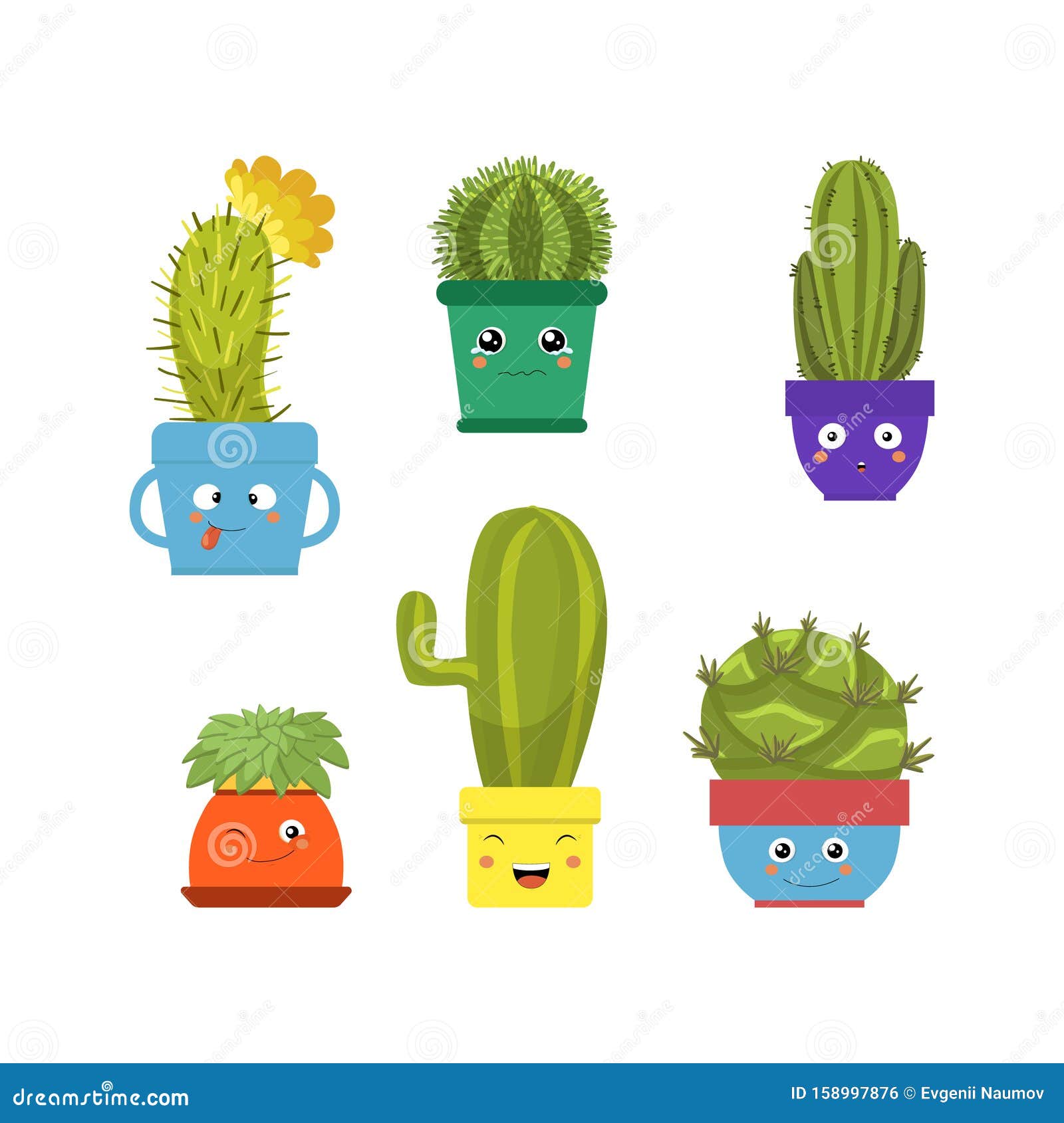 Conjunto de quatro cactos simples bonitos. ilustração vetorial do estilo de  desenho animado de cacto sempre verde