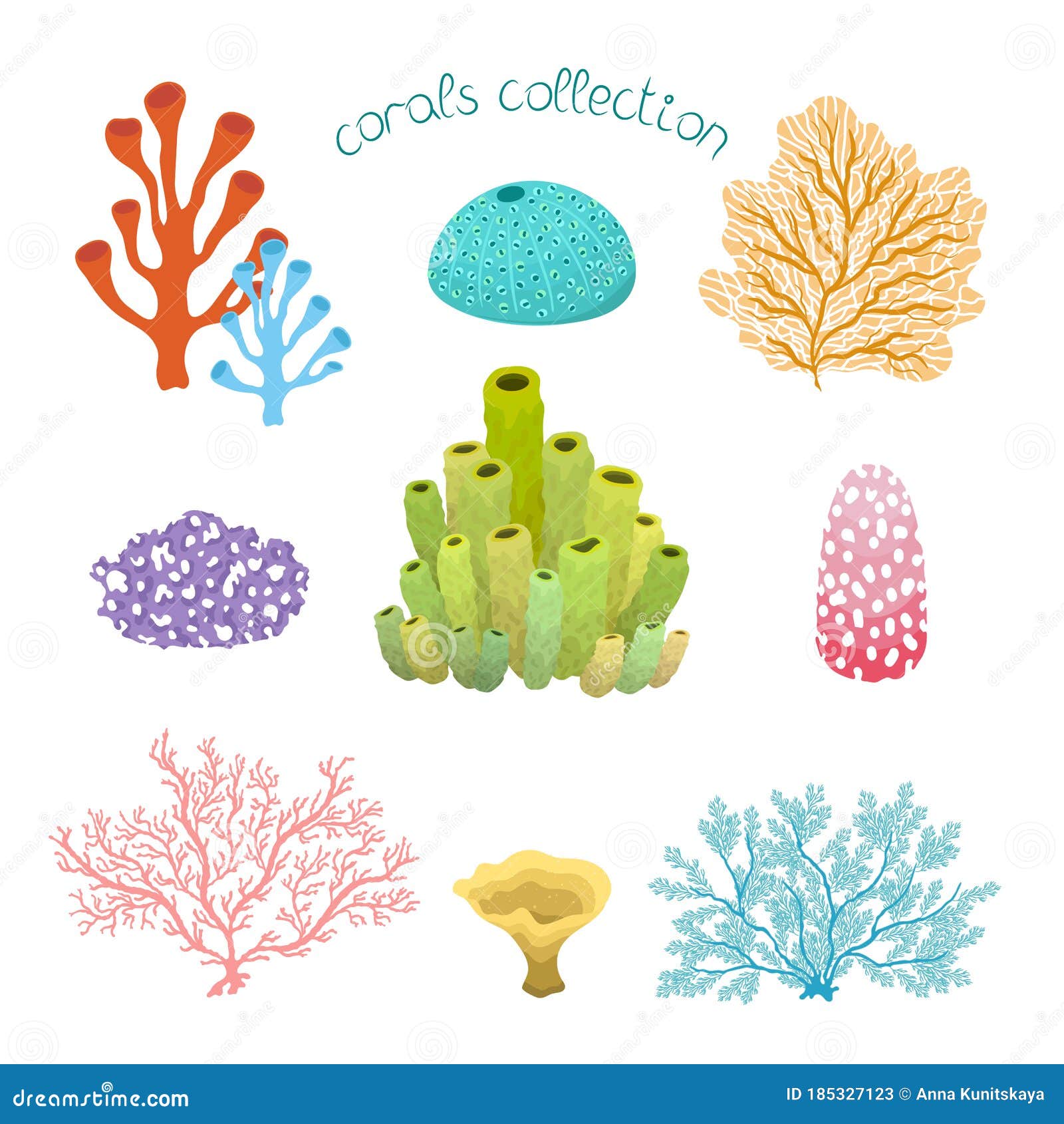 Colección Con Coloridos Corales De Dibujos Animados Aislados En Fondo  Blanco Ilustración del Vector - Ilustración de vida, organismo: 185327123