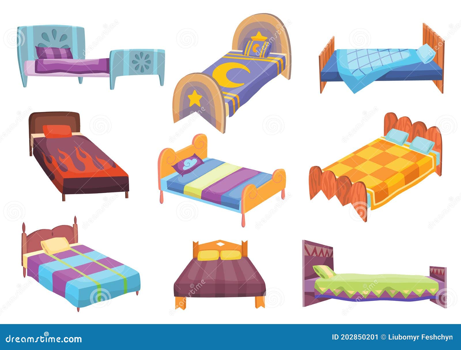 Colección De Camas De Dibujos Animados. Ilustración Vectorial De Camas De  Color Con Almohada Y Cubiertas. Iconos De Los Muebles Ilustración del  Vector - Ilustración de material, plano: 202850201