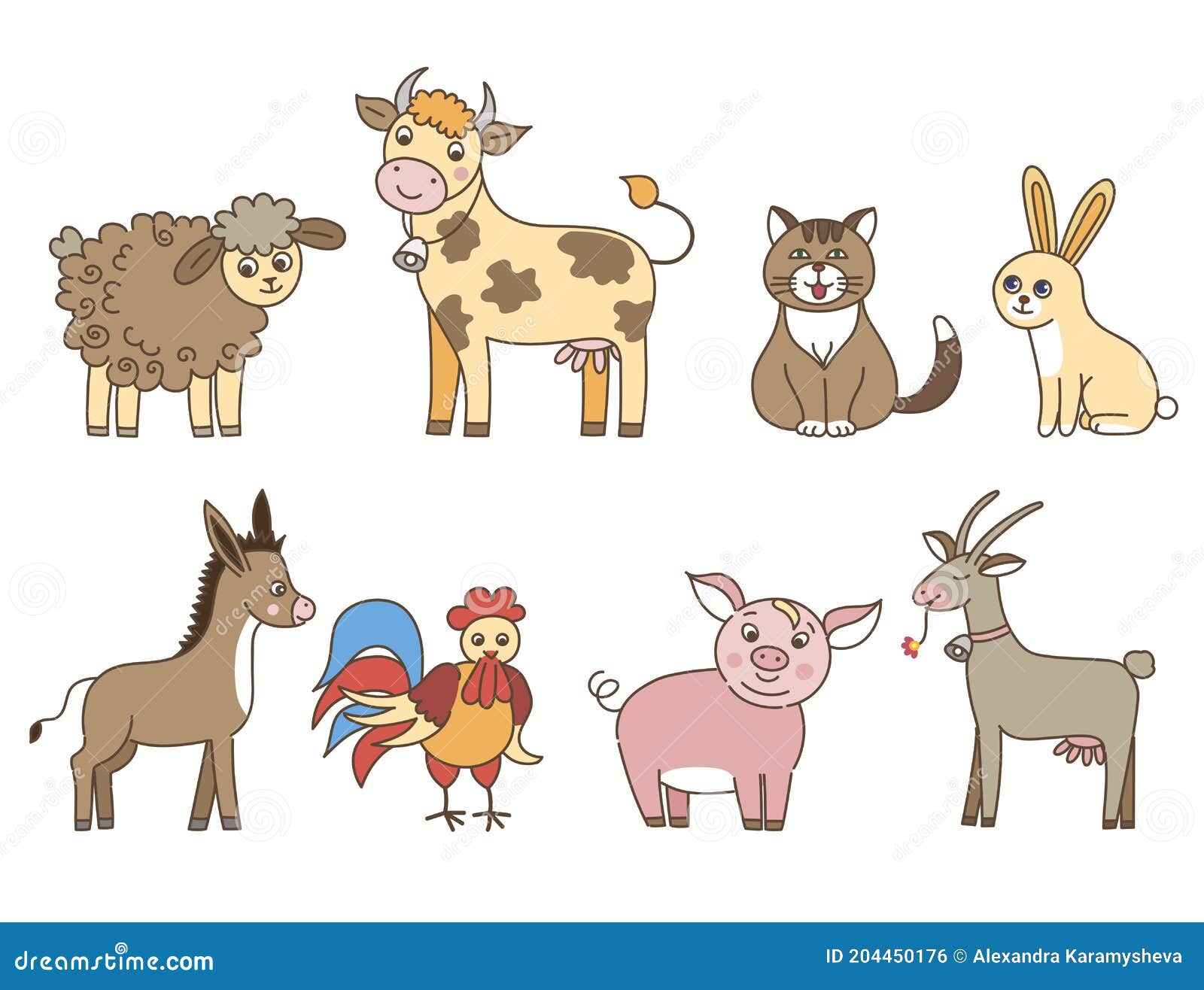 Colección De Dibujos Animados De Animales Domésticos En El Fondo Blanco  Ilustración del Vector - Ilustración de animales, lindo: 204450176