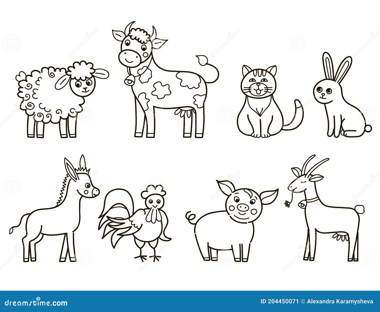 Colección De Dibujos Animados De Animales Domésticos En El Libro De  Colorear El Fondo Blanco Stock de ilustración - Ilustración de poultry,  doméstico: 204450071