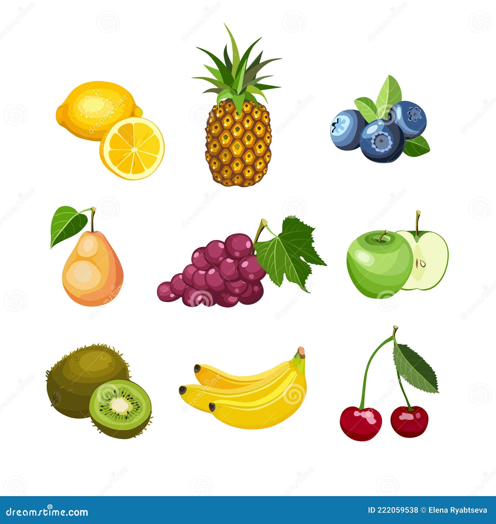 Colección De Dibujos Animados De Iconos De Alimentos Saludables De Verano.  Conjunto De Frutas Coloridas Y Luminosas. Vector Ilustración del Vector -  Ilustración de icono, manzana: 222059538