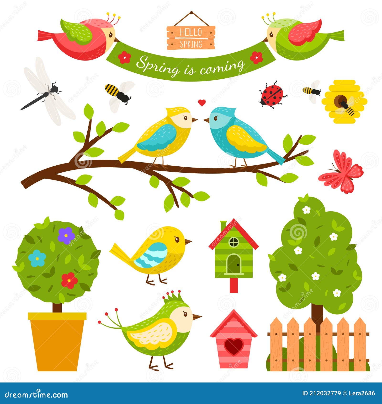Colección De Elementos De Diseño Sobre El Tema De La Primavera. Dibujos  Animados De Colores Pájaros Insectos árboles Pajarera Pers Ilustración del  Vector - Ilustración de conjunto, bandera: 212032779