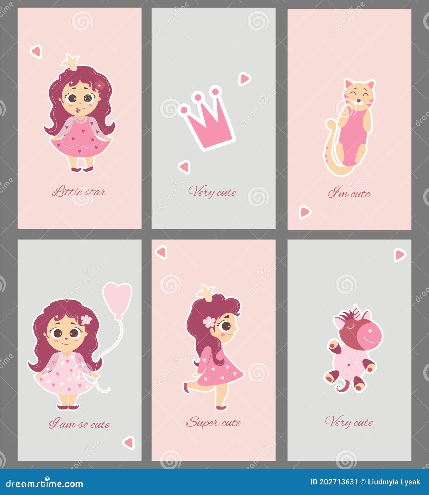 Colección De Naipes Adorables. Juego De Tarjetas De Felicitación Con  Princesas Pequeñas Niñas Y Animales Gato Y Unicornio Y Frases Stock de  ilustración - Ilustración de modelo, fresco: 202713631