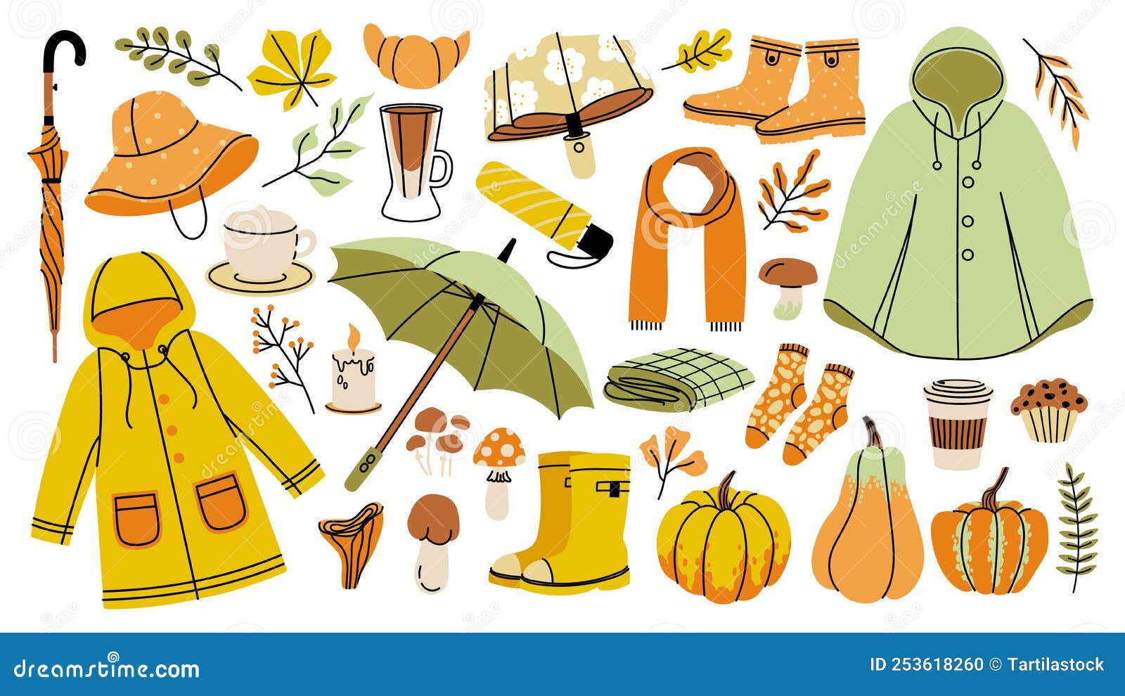 Colección De Otoño. Dibujos Animados Caen Iconos De Vibe Ropa Acogedora  Paraguas Hojas De Impermeable Y Elementos De Comida Calien Ilustración del  Vector - Ilustración de cuerno, garabato: 253618260