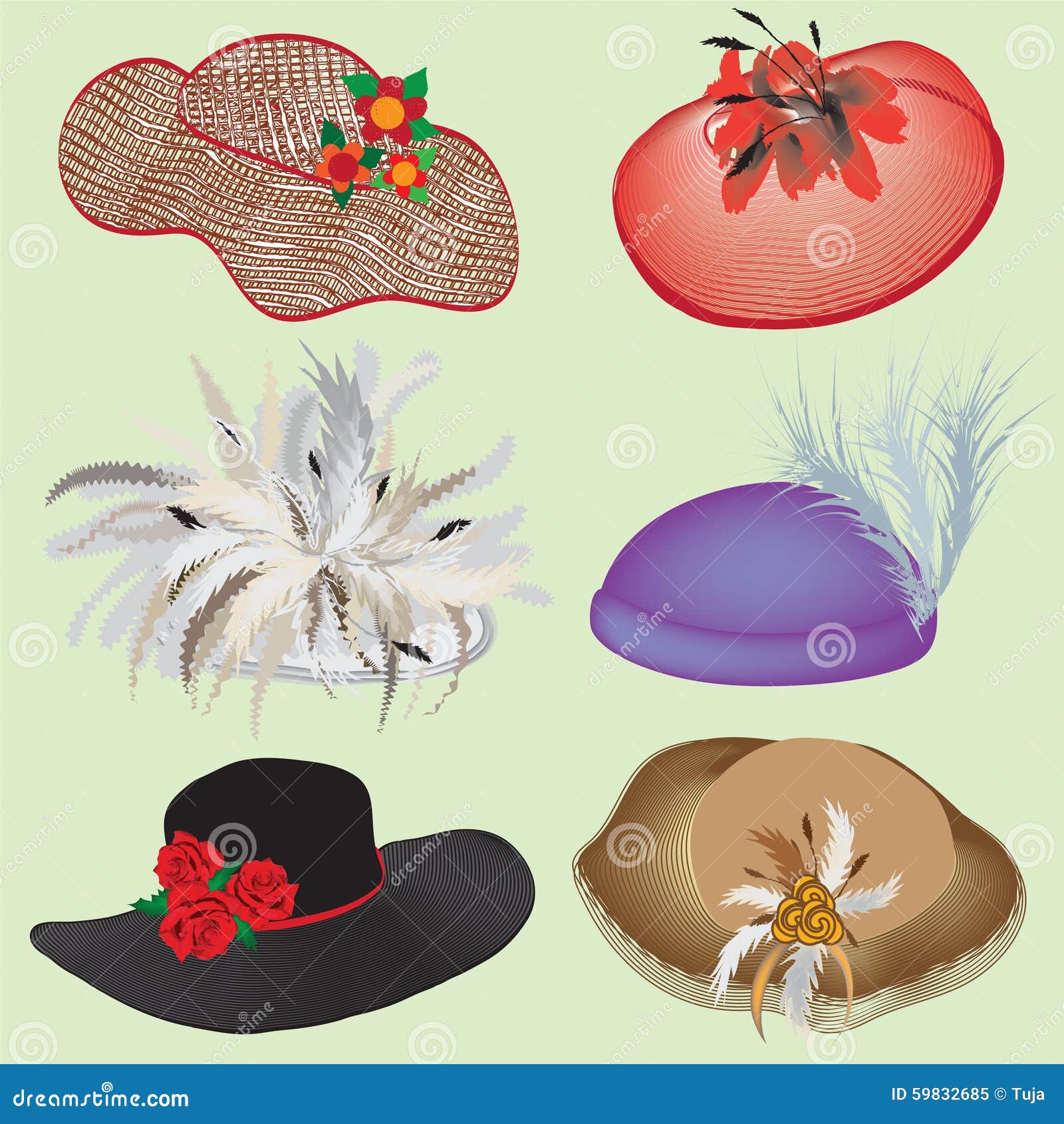 calina pago Oponerse a Colección De Sombreros Elegantes Para La Mujer Stock de ilustración -  Ilustración de elegante, pluma: 59832685