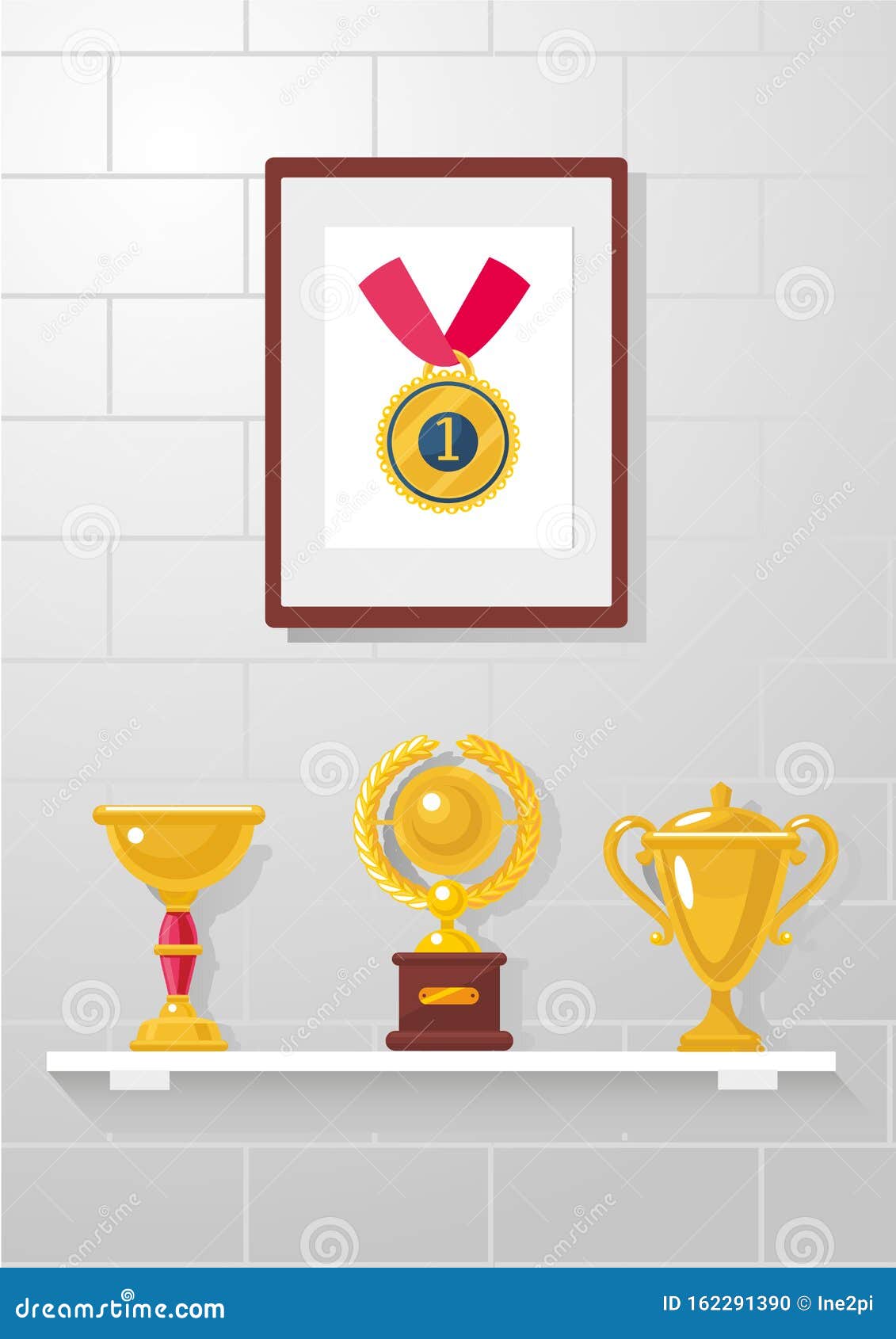 Colección De Trofeos, Premios Y Medallas En Una Pared Blanca Diplomas,  Premios De La Competencia Y Tazas Ilustración del Vector - Ilustración de  competitivo, estante: 162291390