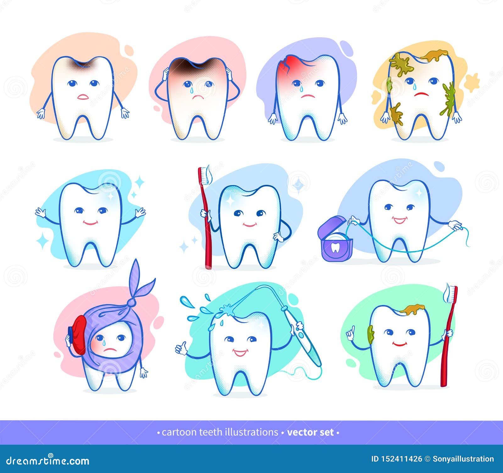 Colección Del Vector De Personajes De Dibujos Animados De Los Dientes  Ilustración del Vector - Ilustración de fractura, toothache: 152411426