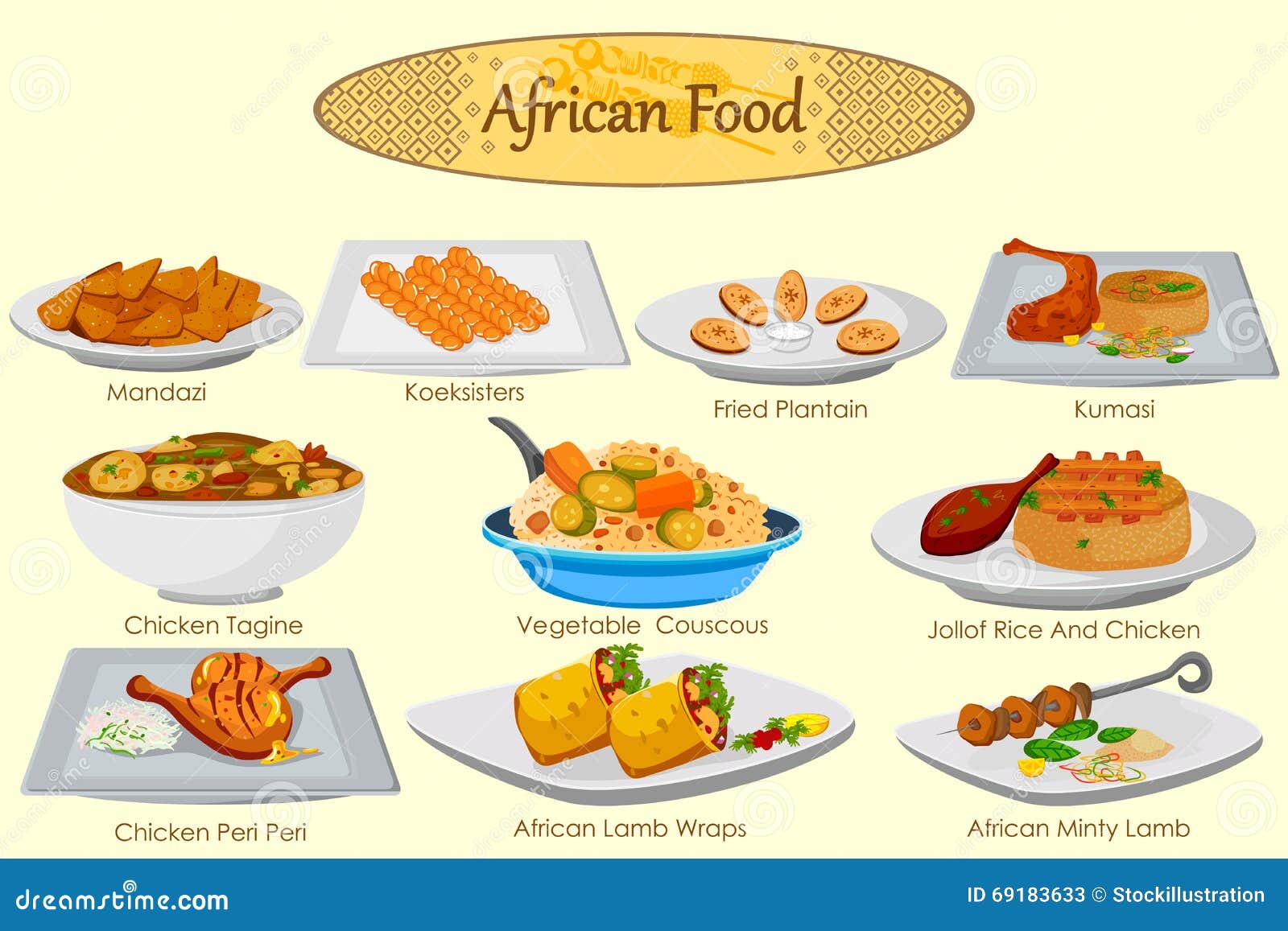 Colección De Comida Africana Deliciosa Ilustración del Vector - Imagen