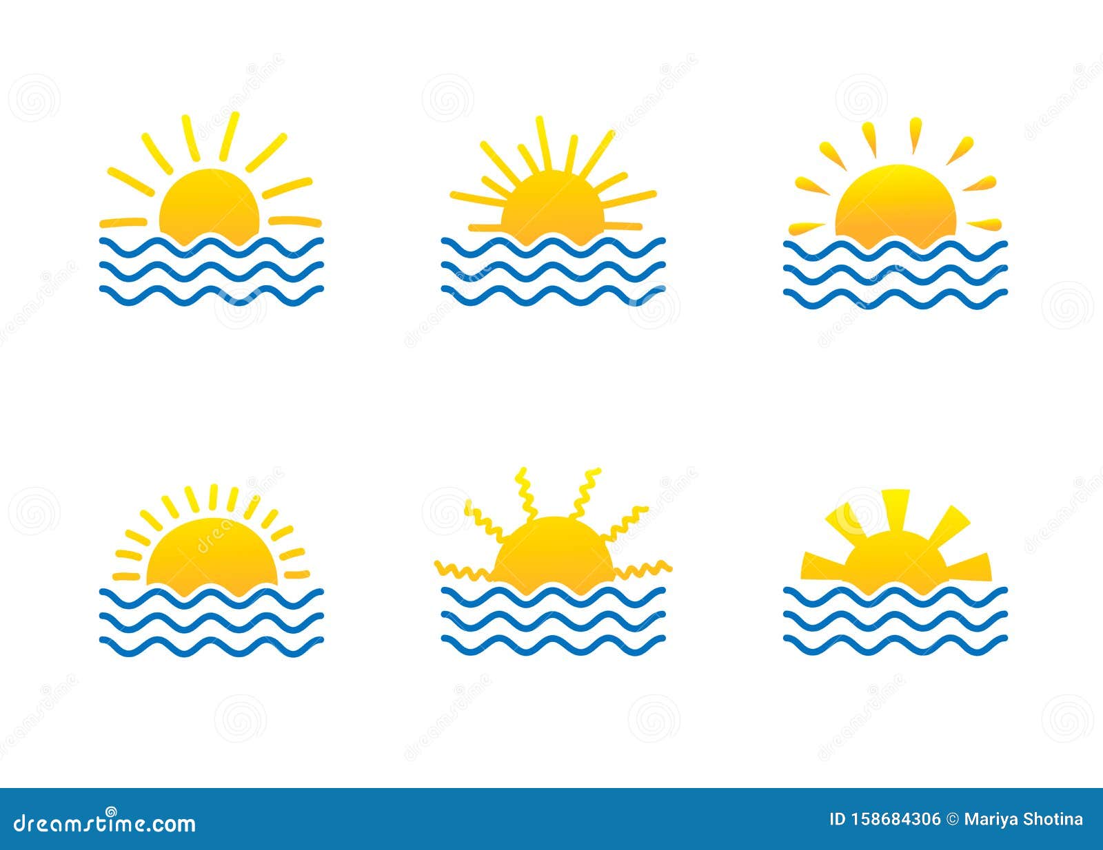 ColecciÃ³n temlates del logo de Sunrise and sea. Conjunto de iconos de ondas de agua y haces de sol. Concepto de agencia de viajes