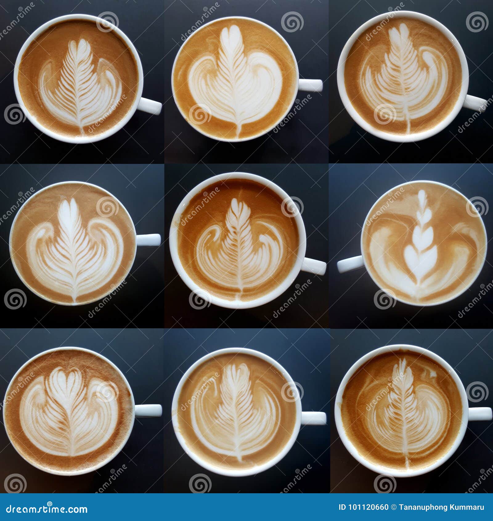 Coleção da vista superior de canecas de café da arte do latte no fundo preto