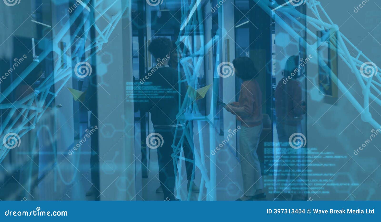 Collaborating Three Coworkers on Digital Screen in Glass Corridor, with Cyan  Network Graphics Stock Photo - Image of modernity, teamwork: 397313404