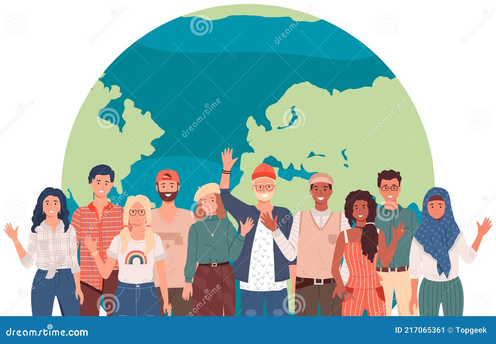 people in national clothes stand on background of planet. characters waving hands near earth