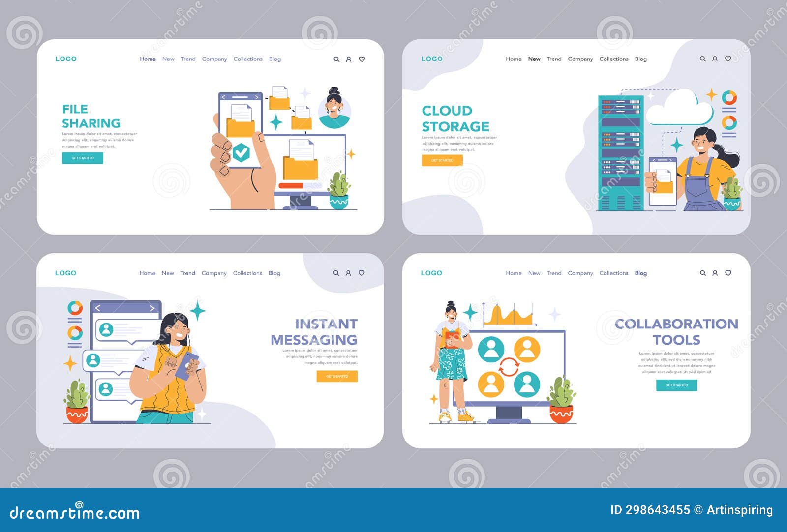 collaboration tools web or landing set. diverse professionals using technology