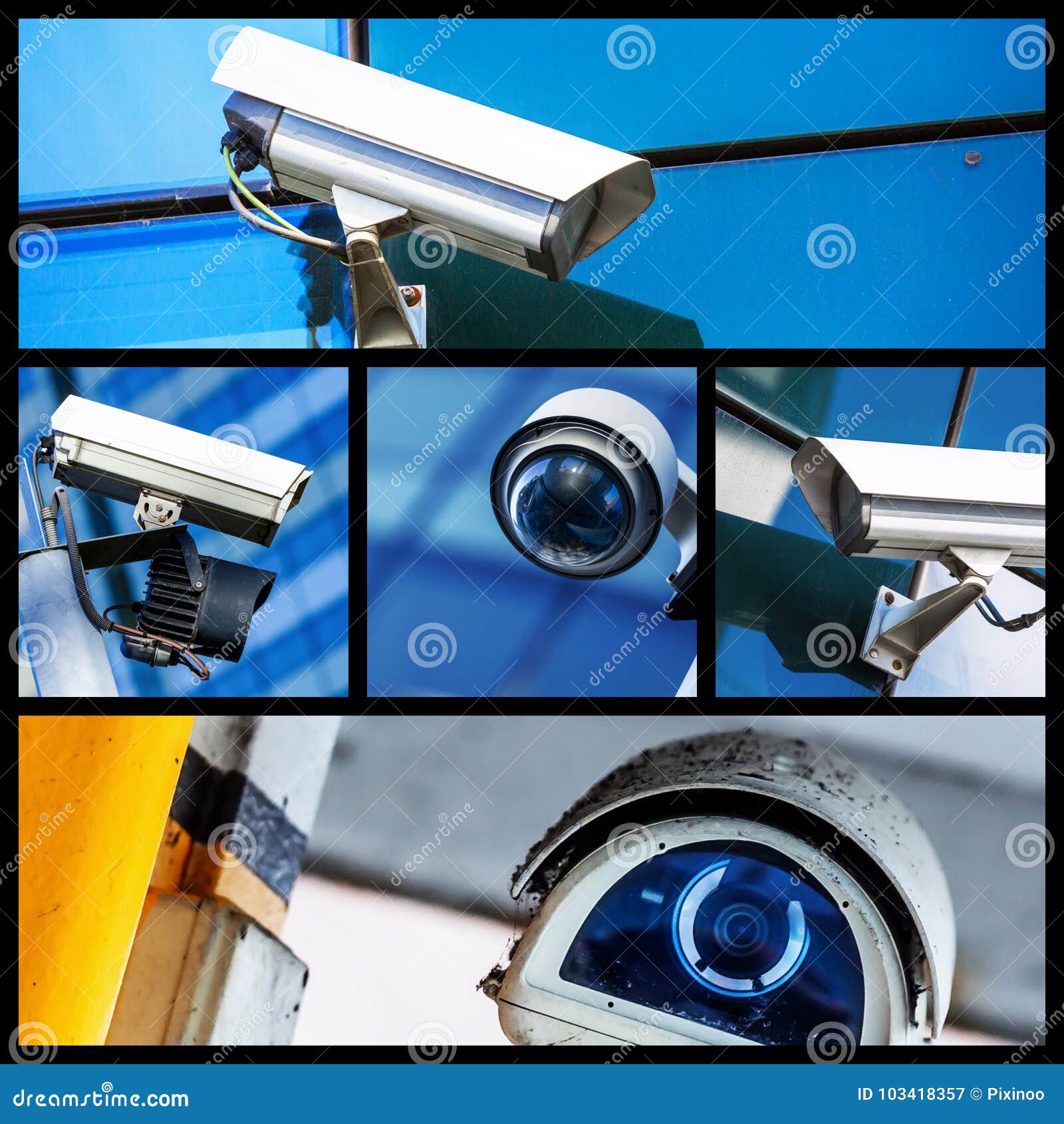 Collage of Closeup Security CCTV Camera or Surveillance System Stock