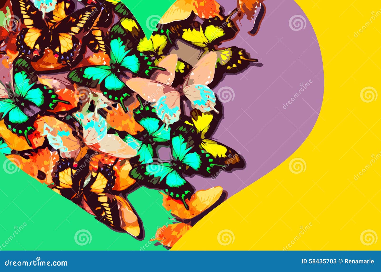 Collage of Colorful Butterflies within a Heart Shape on a Bright