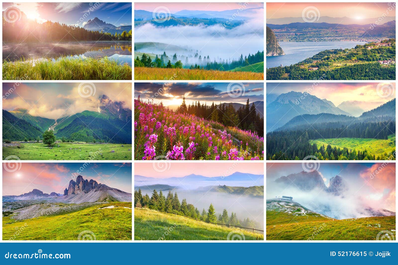 collage with 9 colorful summer landscapes.