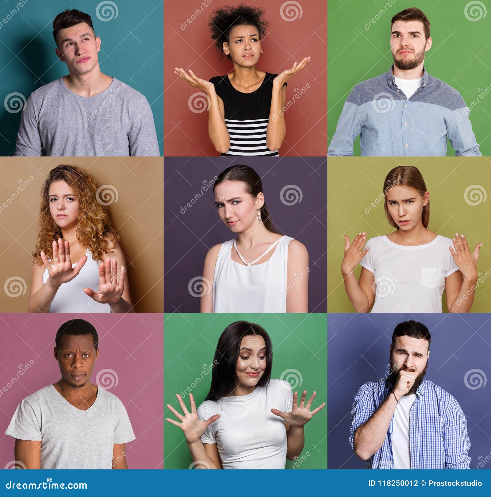 Set Of Confused Diverse People At Studio Backgrounds Stock Photography