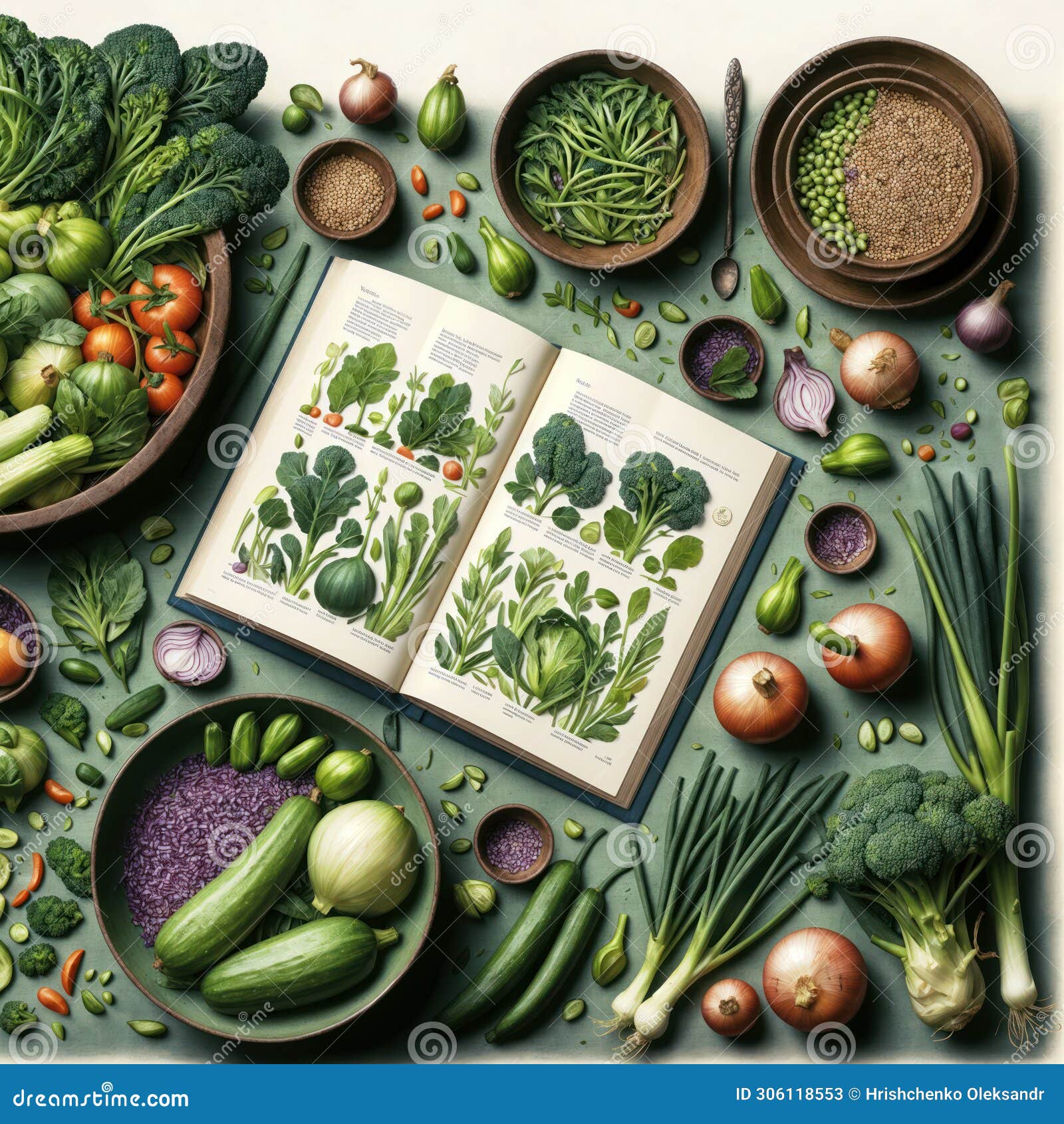 the collage consists of a large book with a variety of vegetables laid out on the dining table. predominantly green vegetables