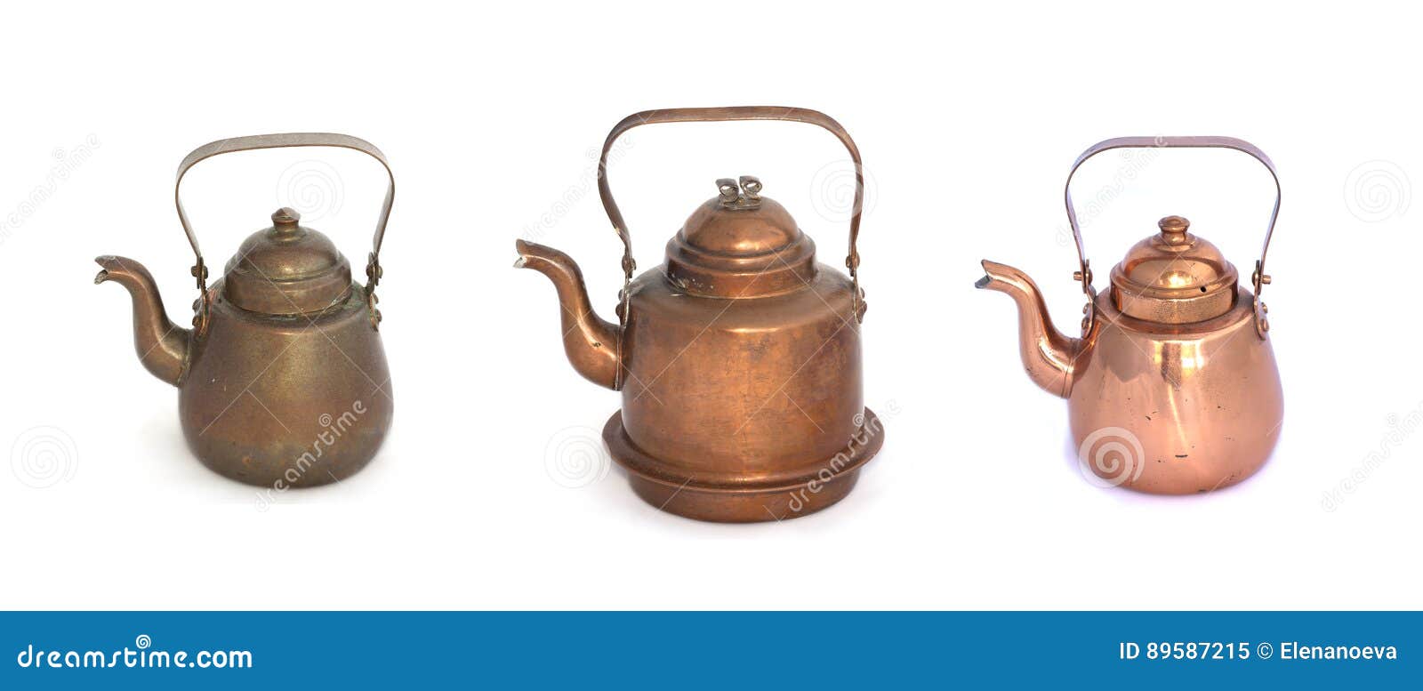 Collage of Copper Kettles on a White Background. Stock Image - Image of