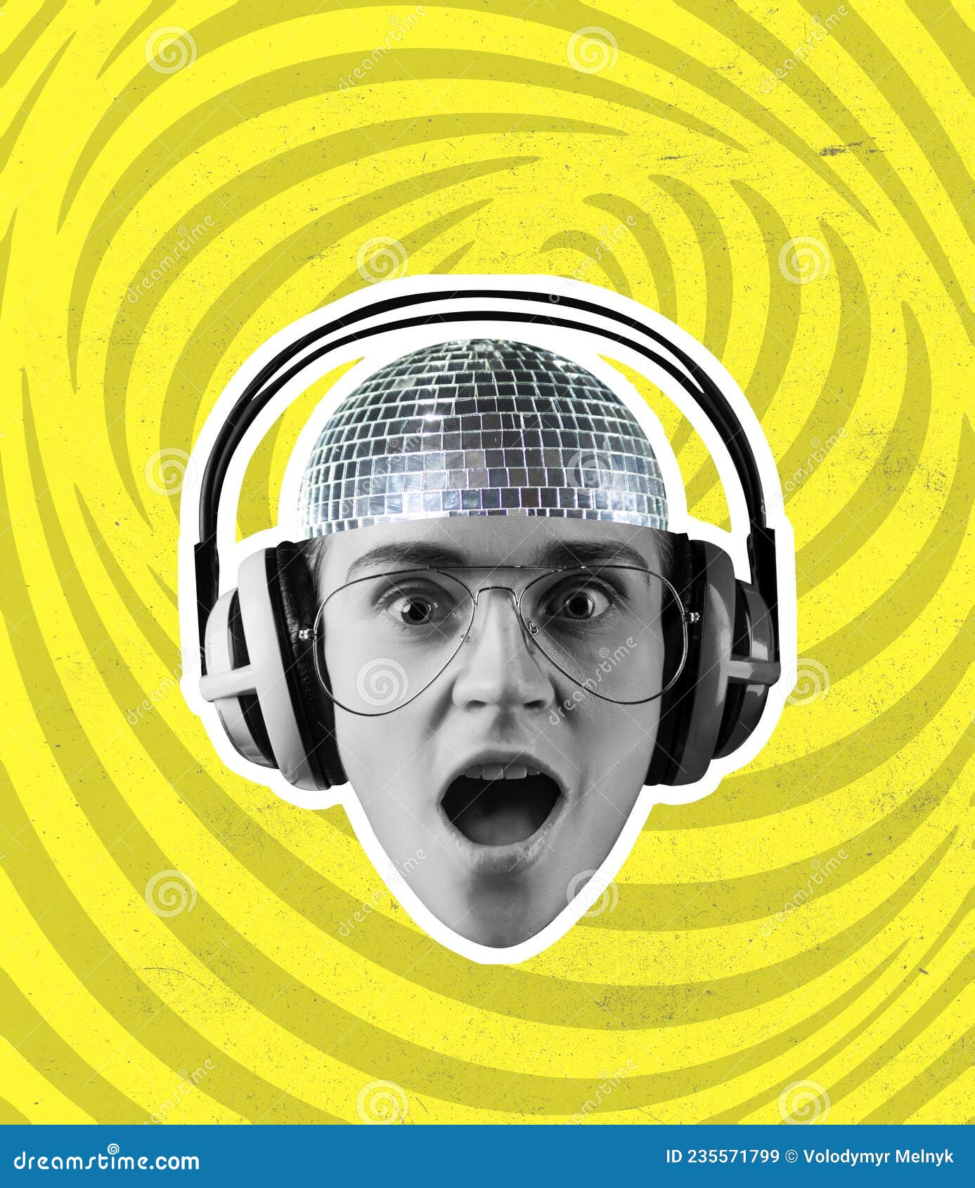 Collage D'art Contemporain Créatif D'un Jeune Homme En Casque Et Tête De Boule  Disco Portant Des Lunettes Isolées Sur Hypnotique Image stock - Image du  lovelace, couleur: 235571799