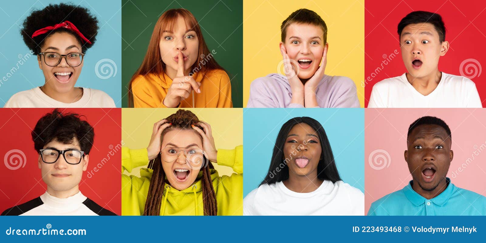 Collage De Personas Sorprendidas Sobre Un Fondo Aislado Y De Color.  Concepto De Expresiones Faciales Foto de archivo - Imagen de negocios,  conjunto: 223493468