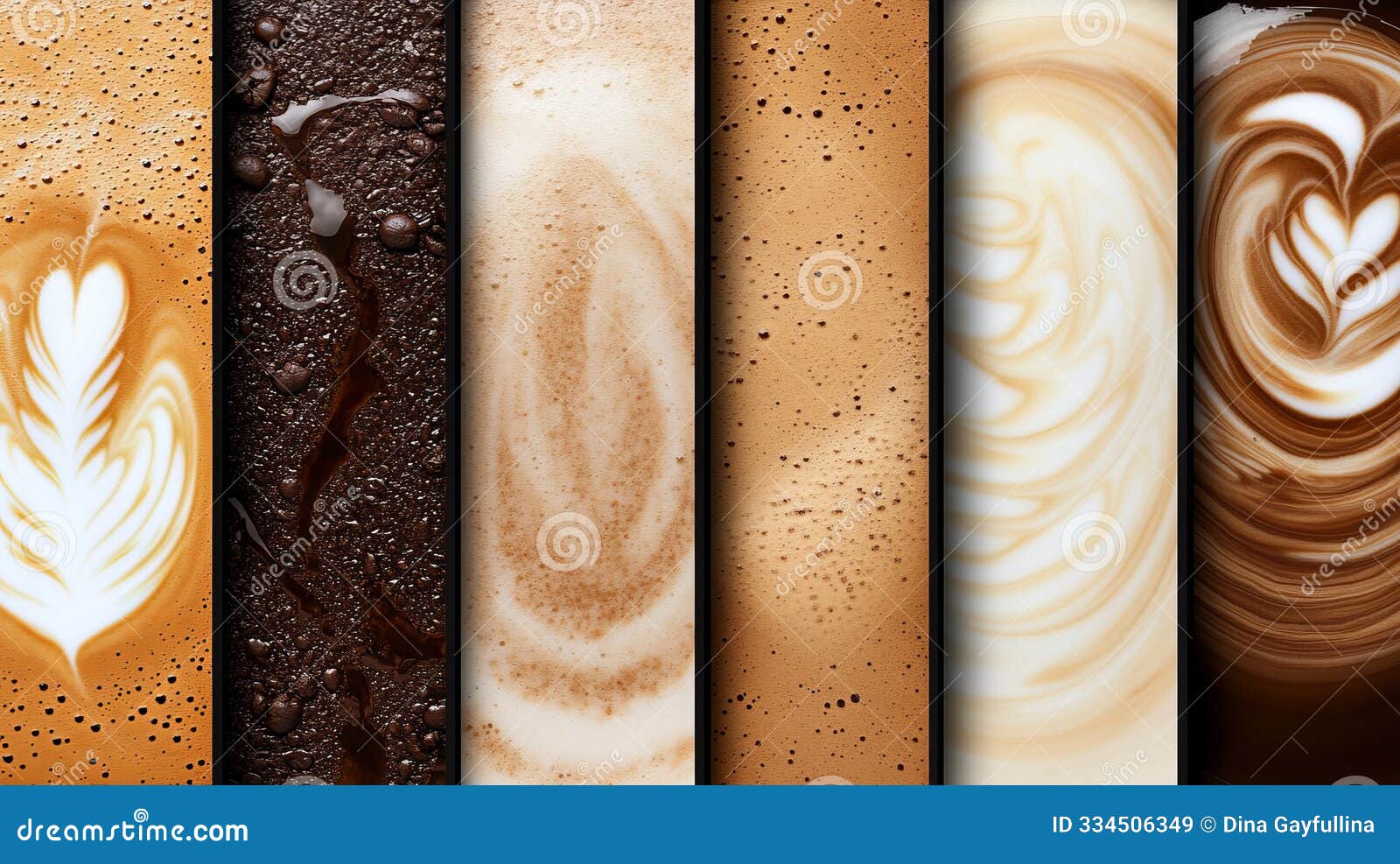 a collage of different coffee types, from espresso to latte art, showing foam patterns and textures.