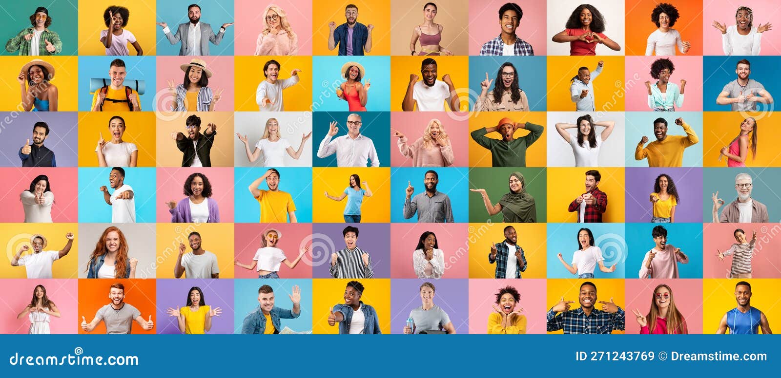 Collage of Different Happy People Portraits Over Bright Studio ...