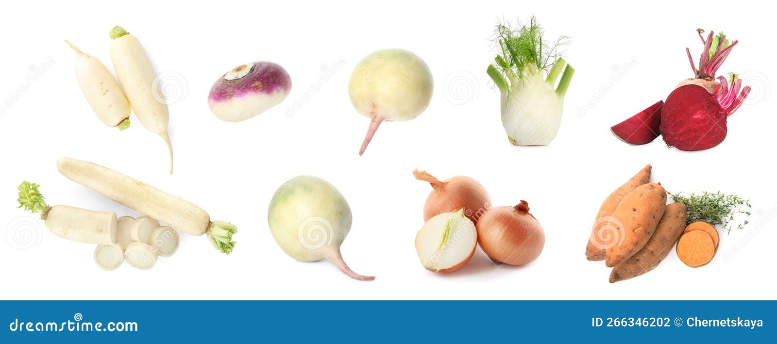 Collage with Different Root Vegetables on White Background Stock Photo