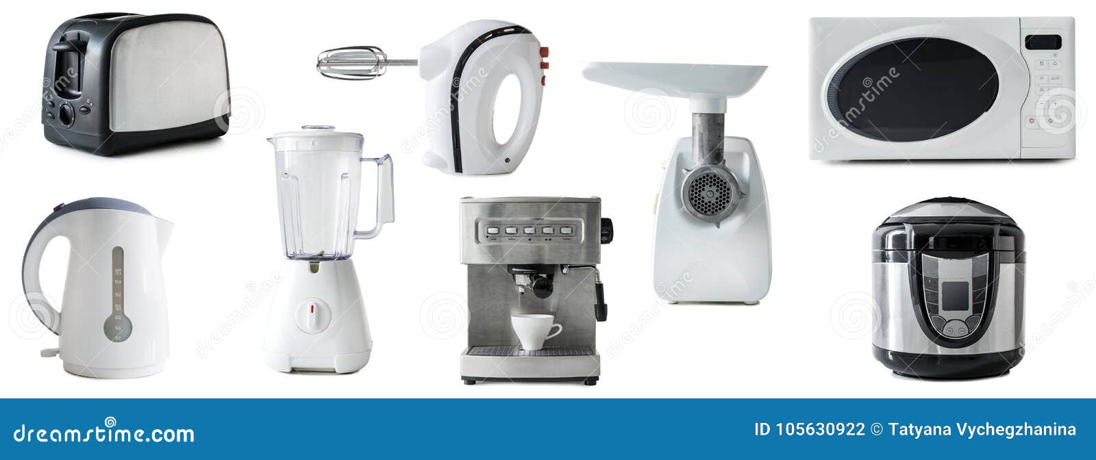 Collage of Different Types of Kitchen Appliances Isolated Stock Photo
