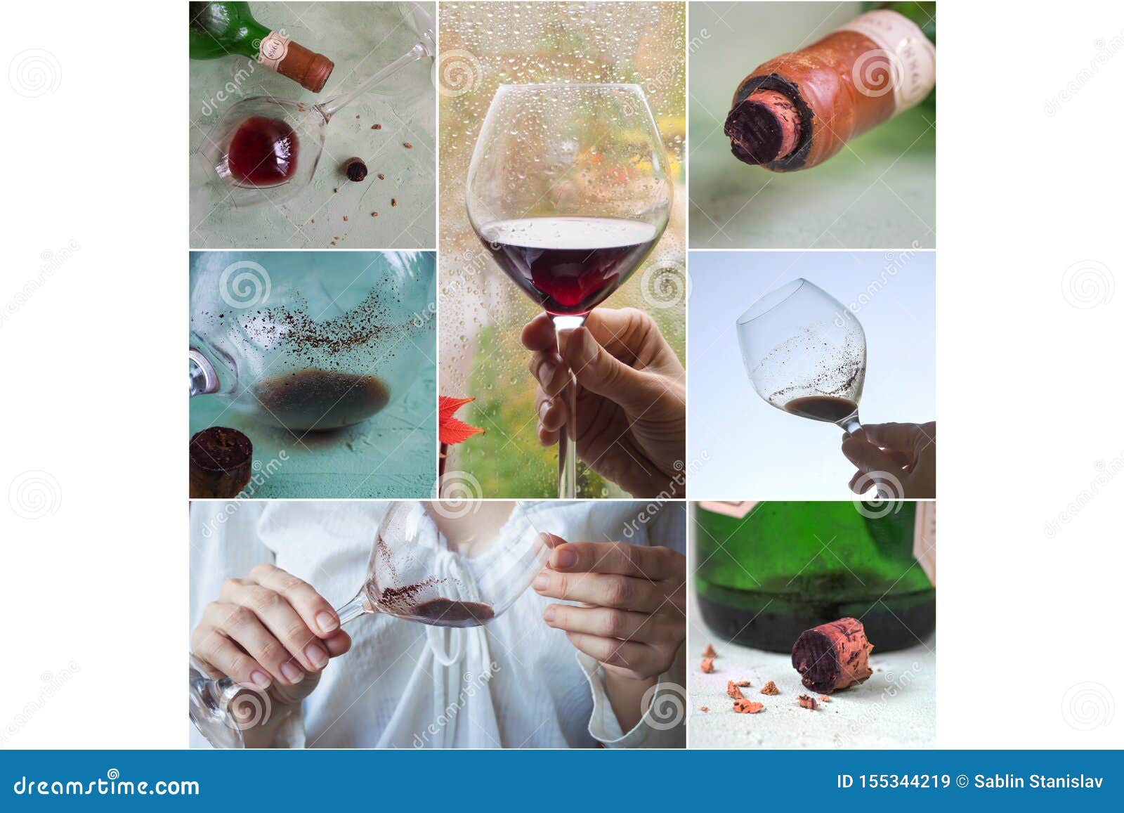 Collage with Different Views of Sediment in a Glass of Old Wine. Stock