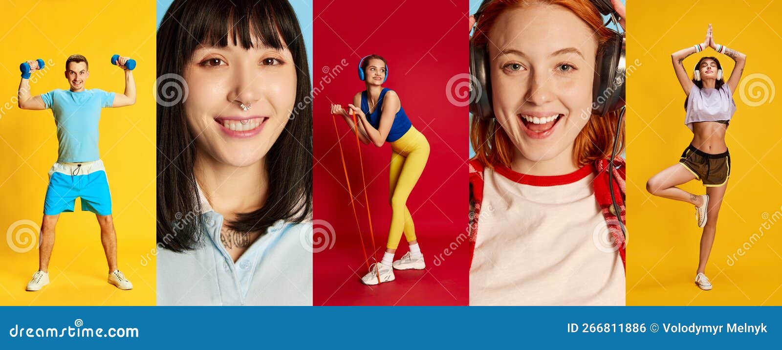 collage of different young people, man and women over multicolored background. sport and music. happy and delightful