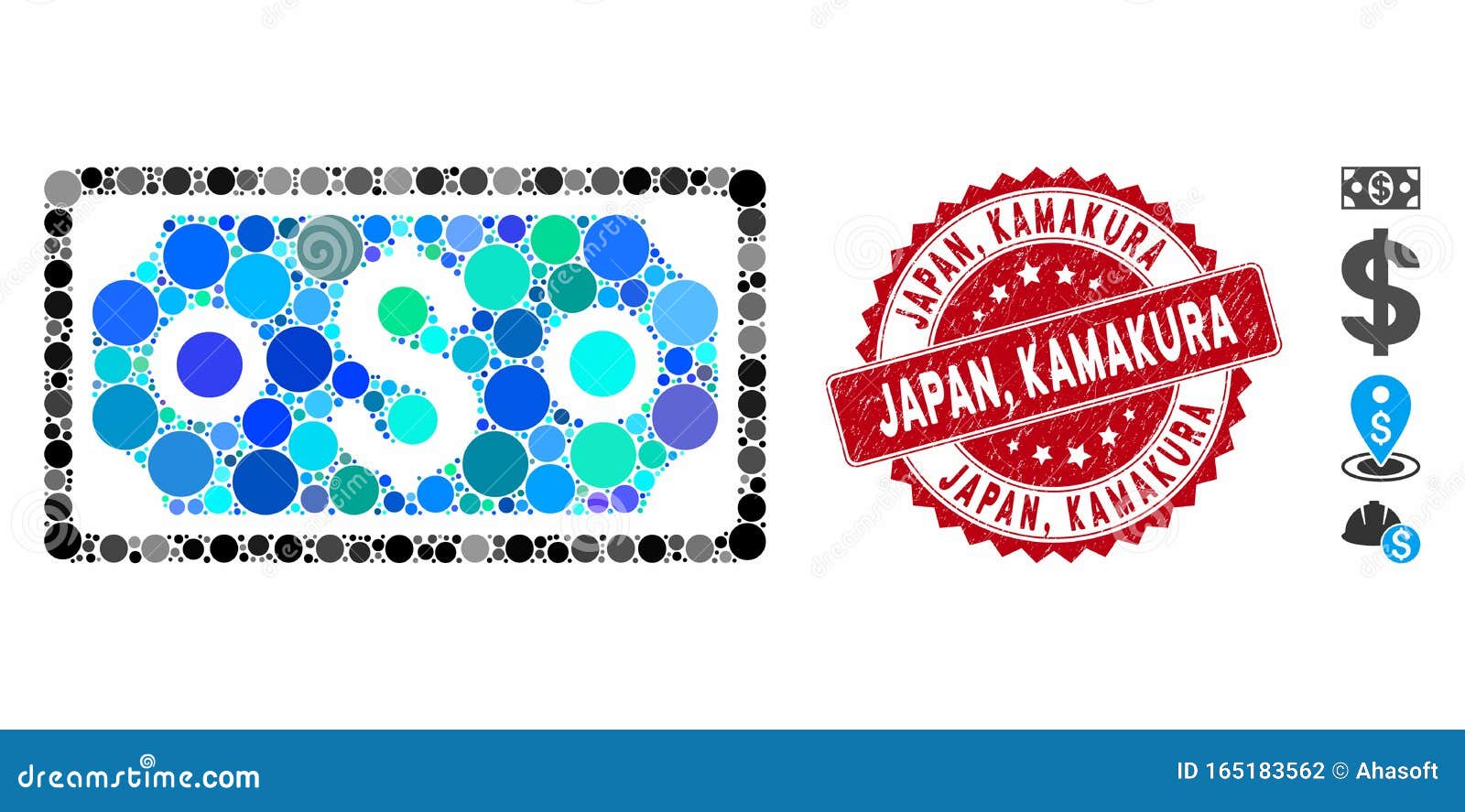 collage dollar banknote icon with distress japan, kamakura seal