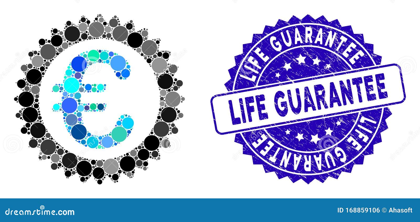 Collage Euro Reward Stamp Icon met Grunge Life Guarantee Stamp. Mozaïekzegel van de euro-bonuszegel en stempel met de tekst van de Life Guarantee De mozaïekvector wordt gevormd met het pictogram van de de beloningszegel van Euro en met willekeurige cirkelelementen