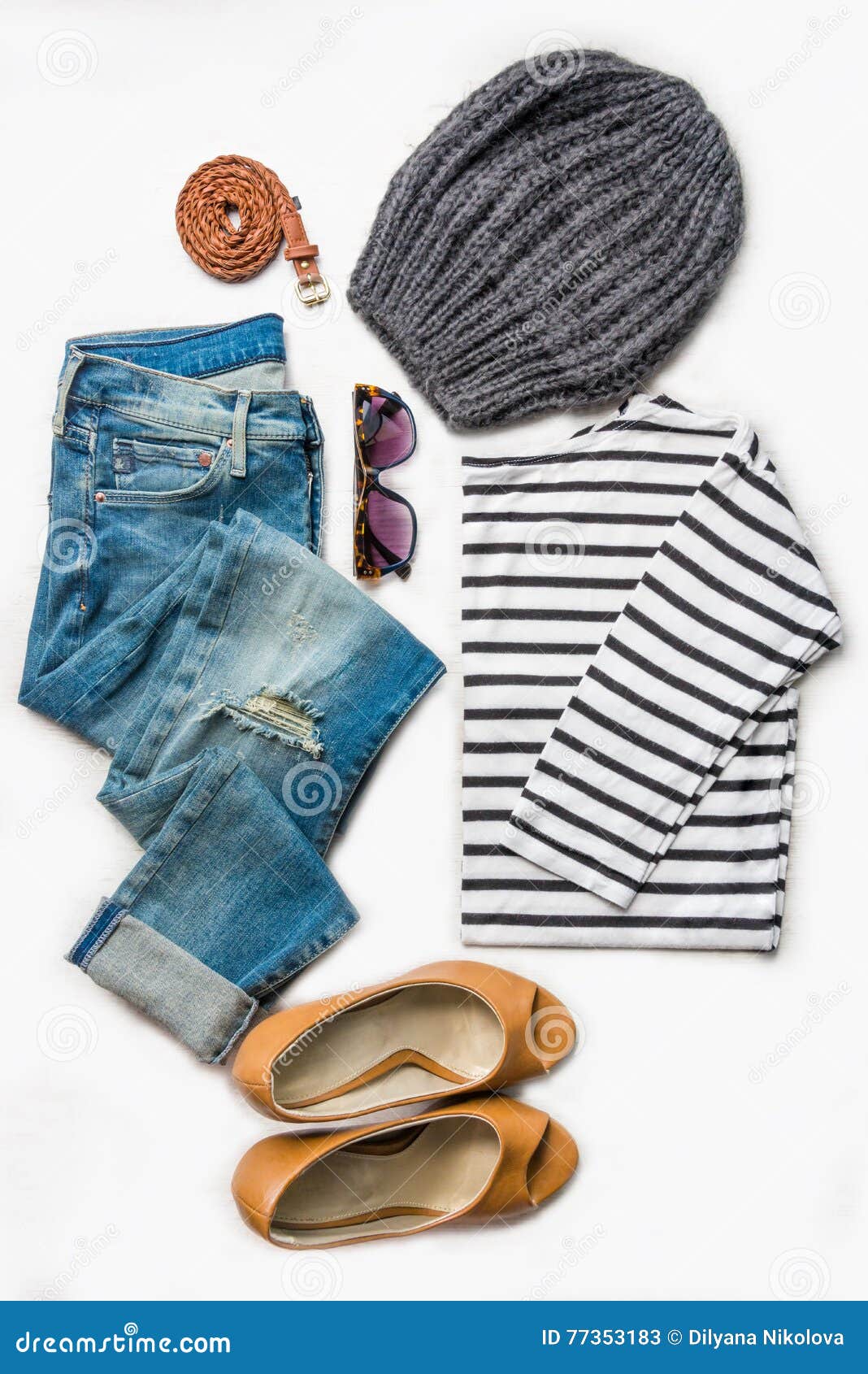 Collage of Female Clothing Set. Ripped Jeans, Striped Blouse, Brown ...