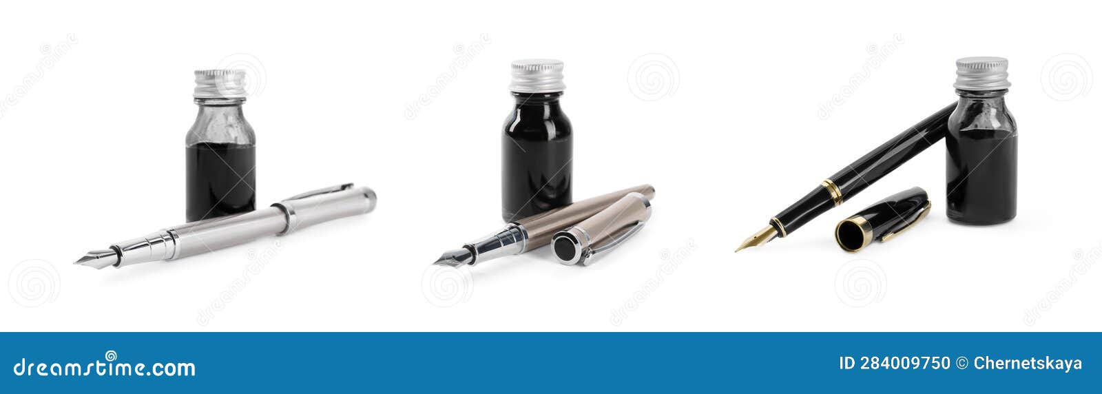 Collage with Fountain Pens and Inkwells on White Background Stock Photo