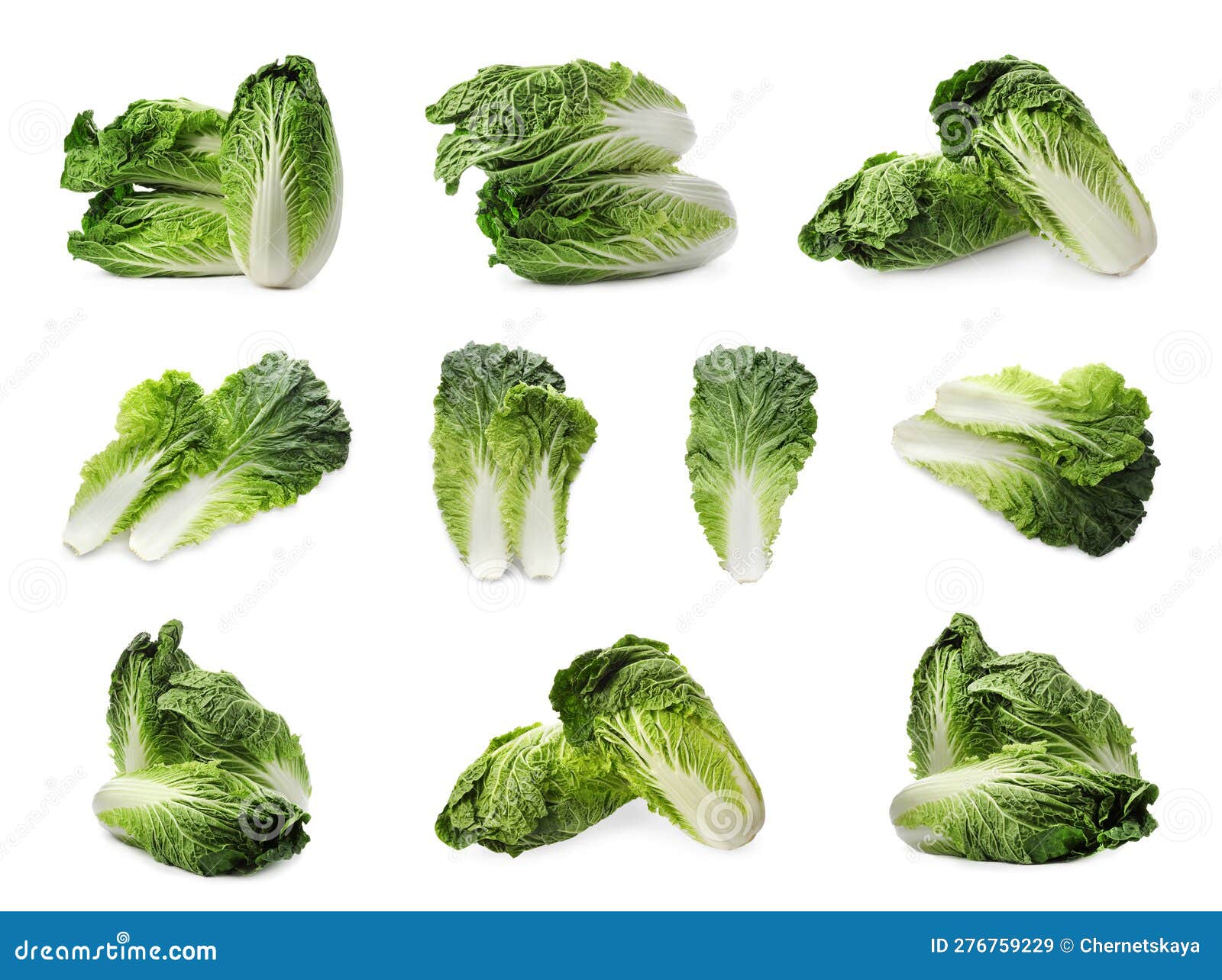 Collage with Fresh Chinese Cabbages and Leaves on White Background