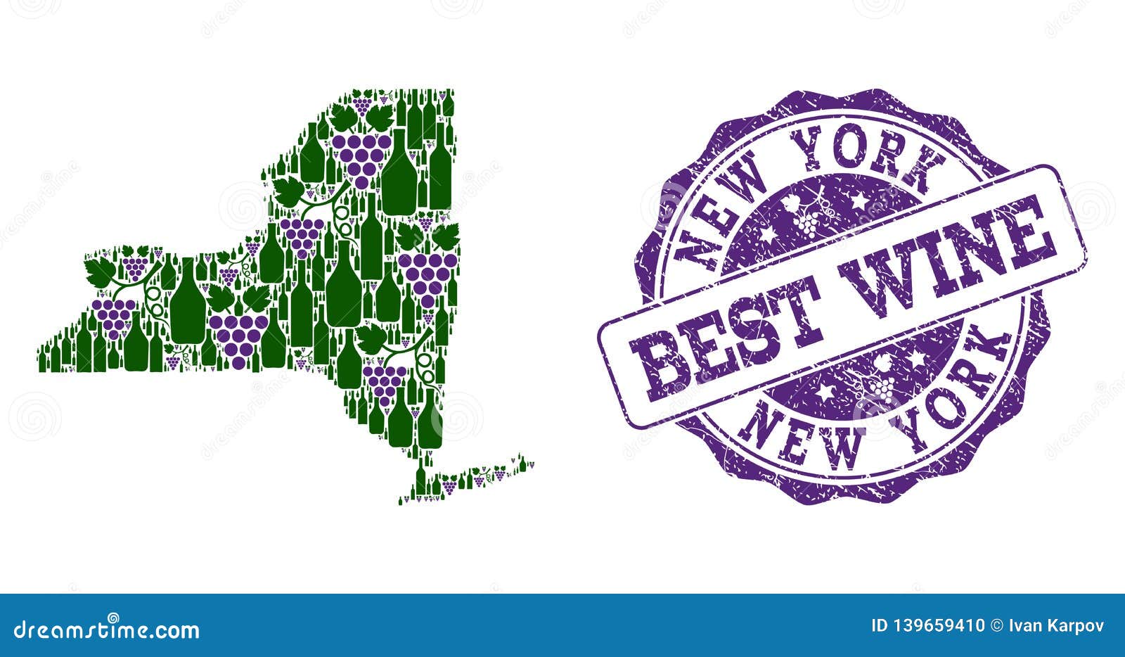 Collage of Grape Wine Map of New York State and Best Wine Stamp Stock