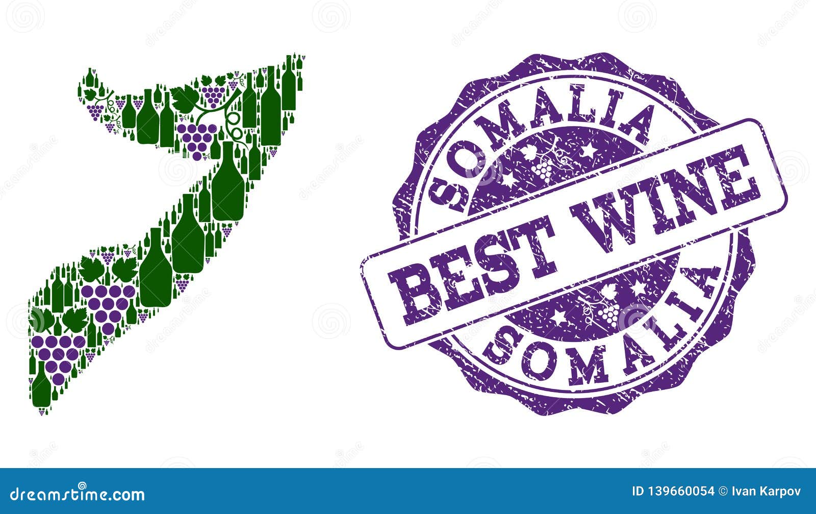Collage of Grape Wine Map of Somalia and Best Wine Stamp Stock Vector