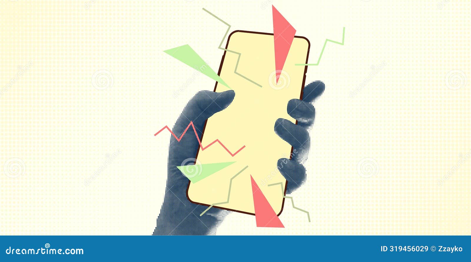 collage with halftone style hands hold smartphone minimalist metaphor concept finance-themed, mobile applications