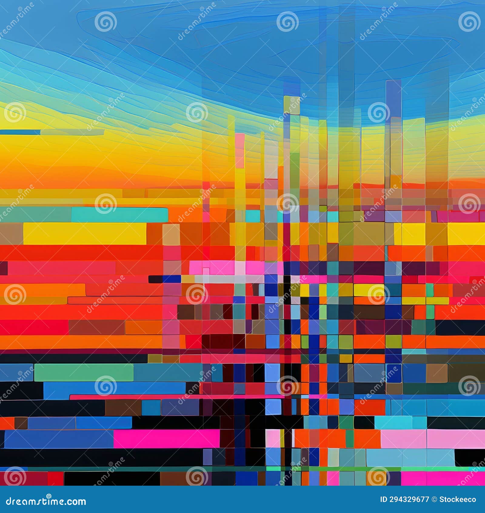 abstract painting: blue sky and colorful buildings in digital gradient style