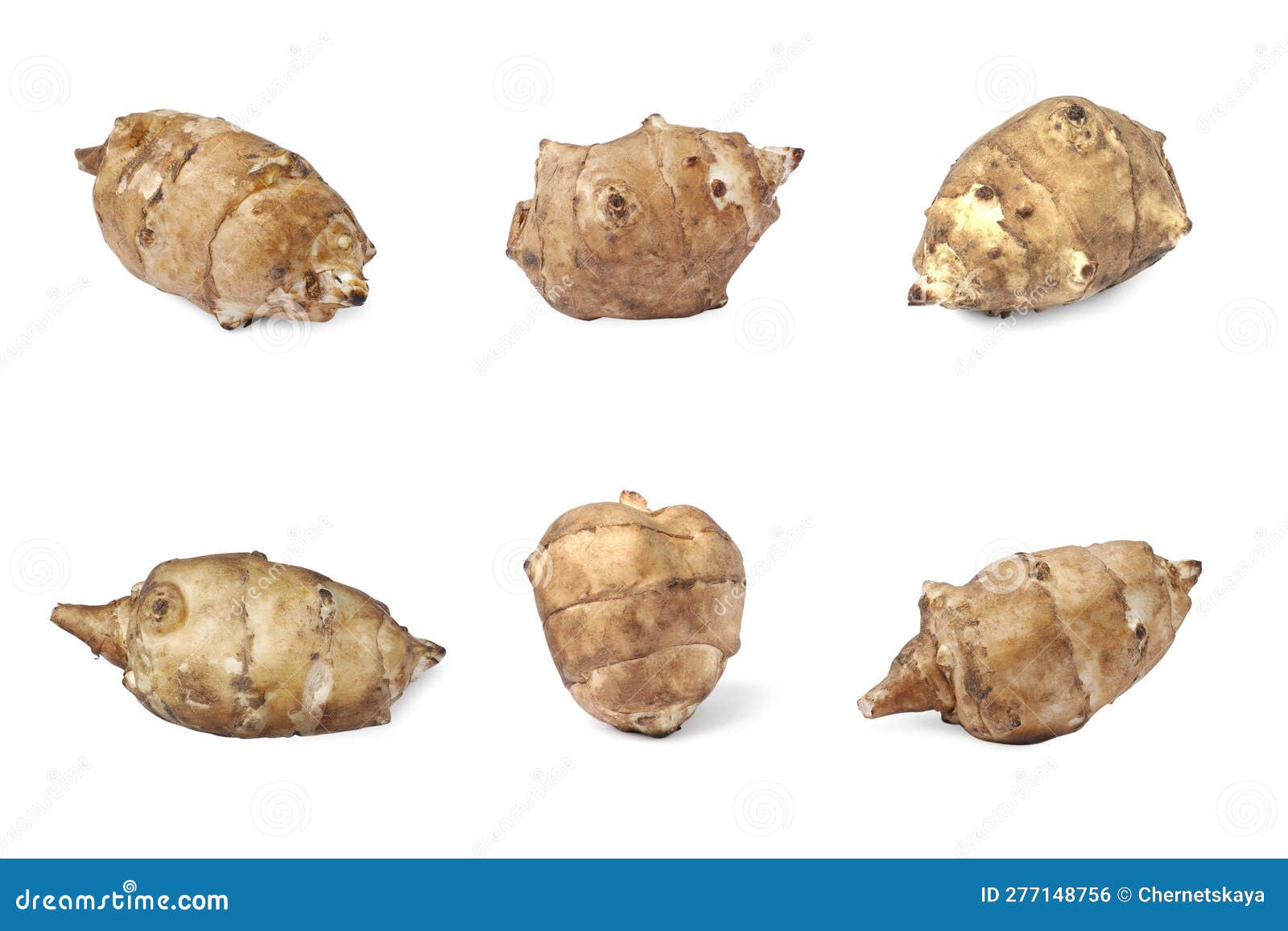Collage with Jerusalem Artichokes on White Background Stock Photo