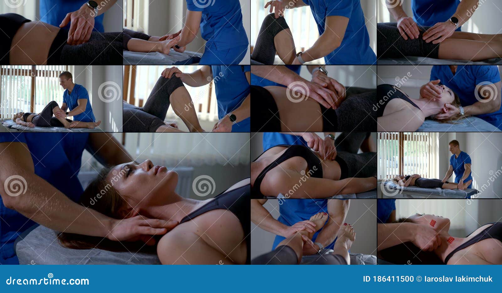 Collage Of A Male Chiropractor In A Blue T-shirt, He Massages The Stomach