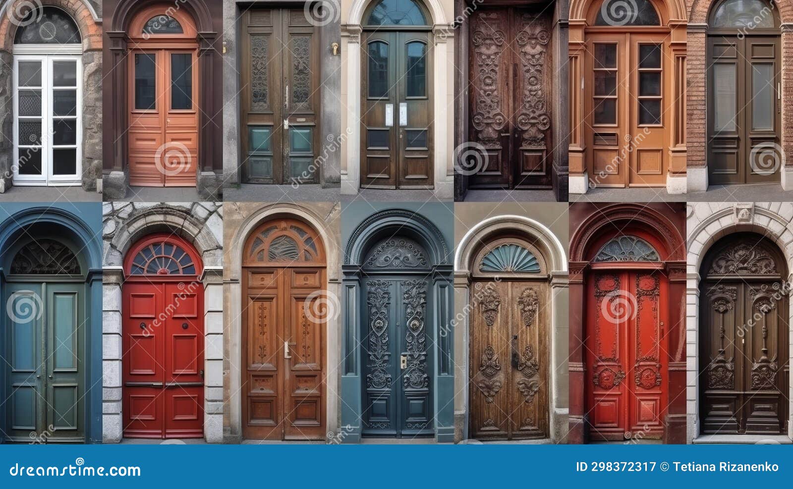 Collage of Many Different Vintage Front Doors To Houses with Arches