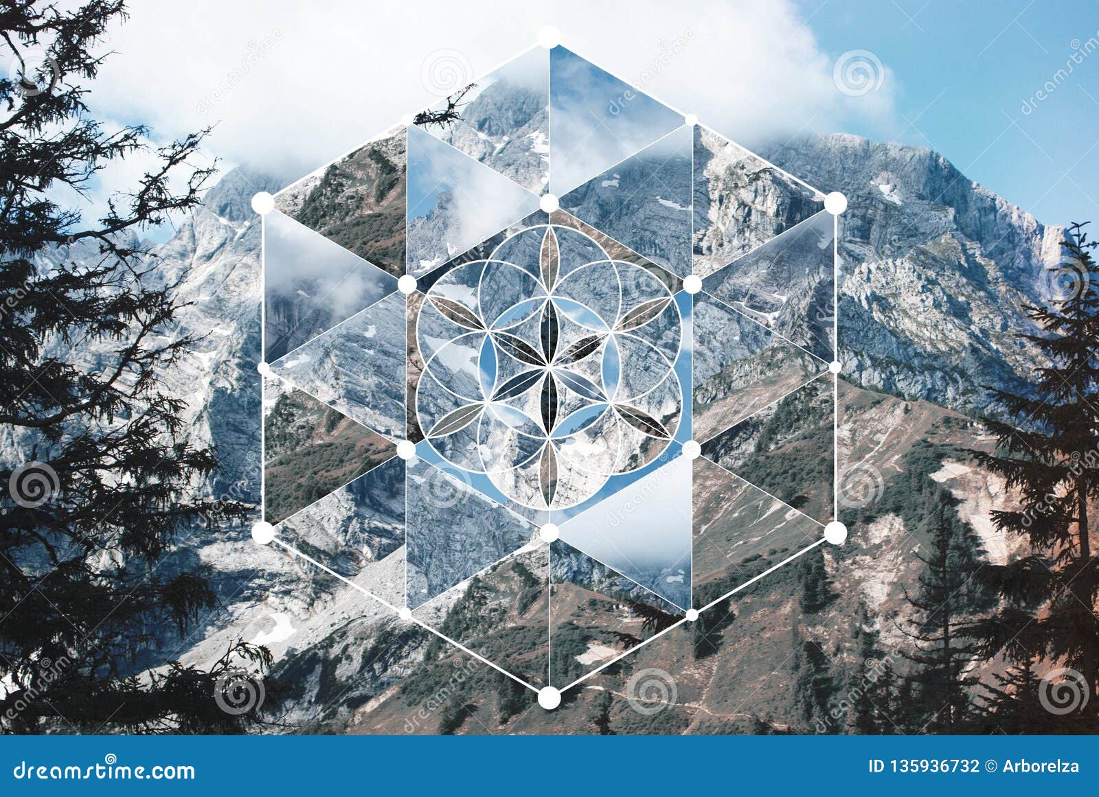 collage with the mountain landscape and the sacred geometry 