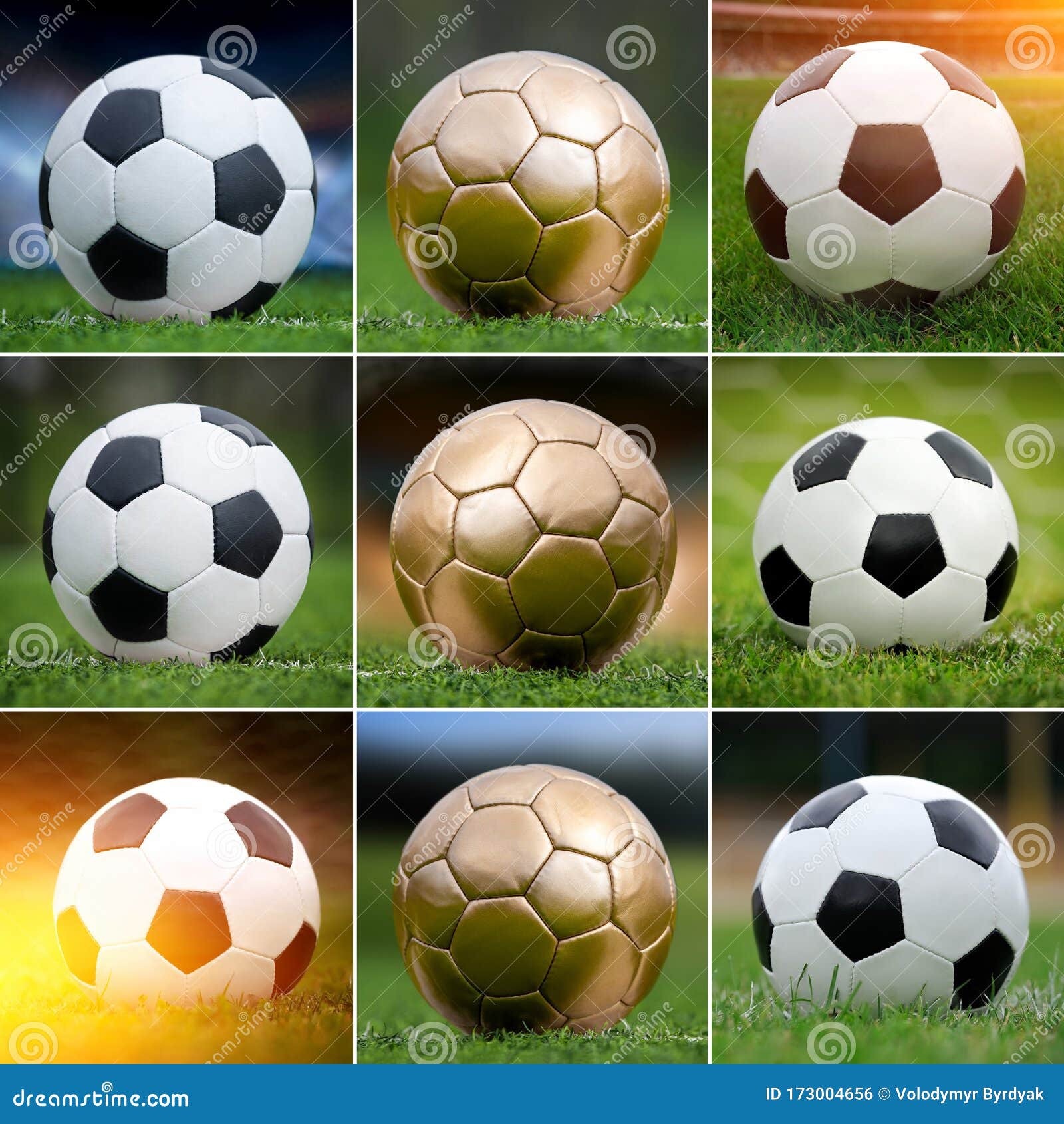 Collage of Nine Soccer Balls on Green Grass Stock Photo Image of