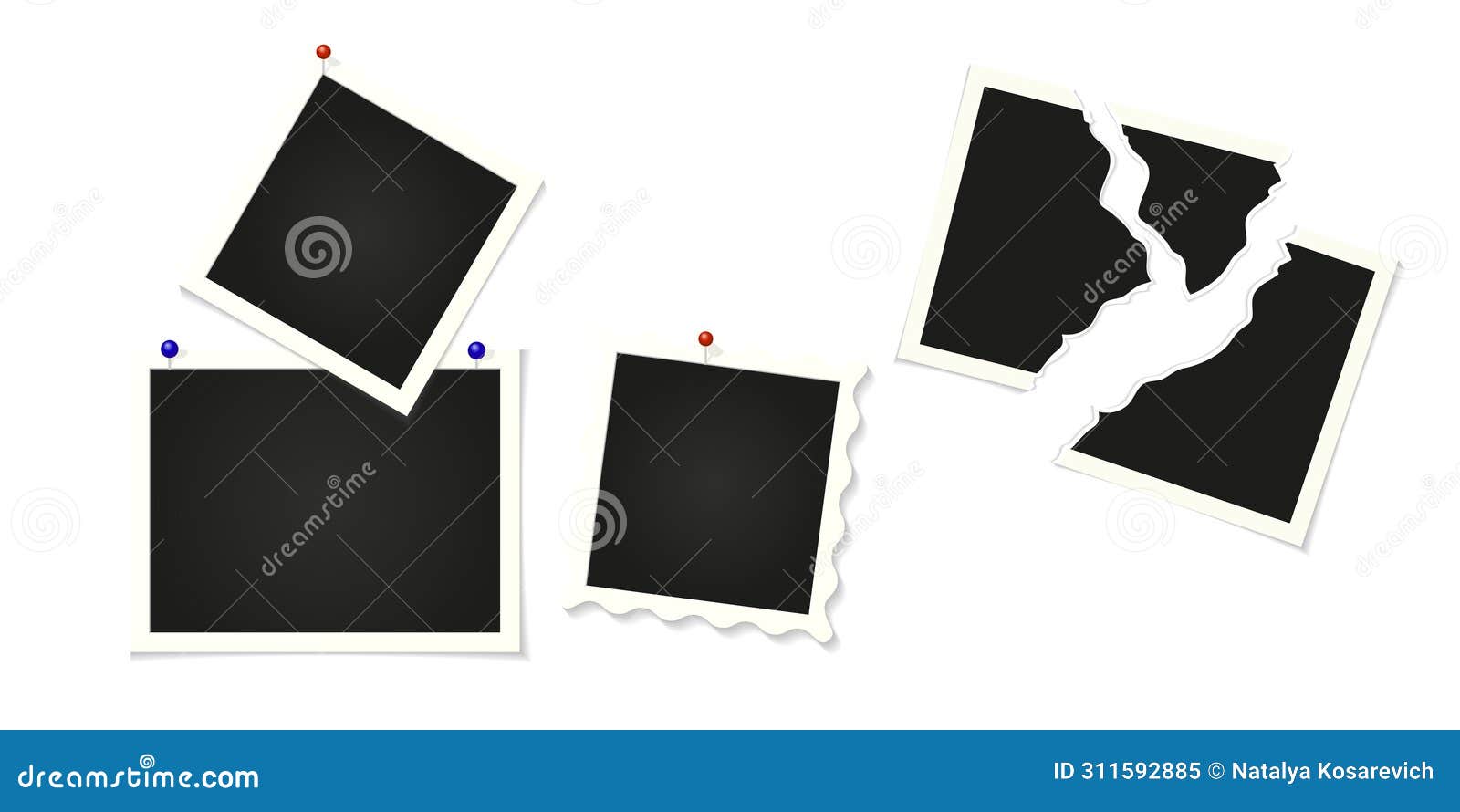 collage photo frames with buttons. retro snapshots, mockup of instant photos attached with buttons, torn old photo