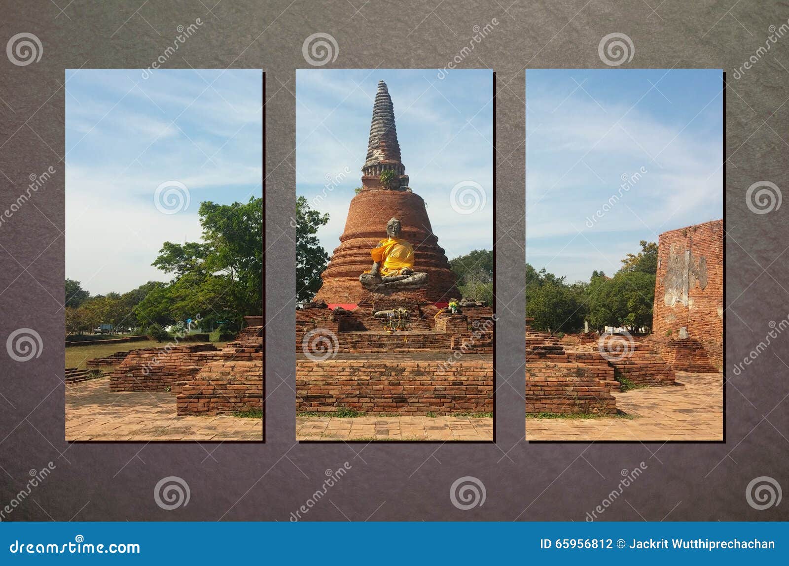 The Collage Photo of Ruin Ayutthaya Brick Temple in Sunny Day on Abstract  Gray Wall Background Made by Photoshop, Vintage Style Stock Photo - Image  of collection, collage: 65956812